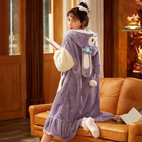 北极绒睡衣女2021年新款珊瑚绒睡袍长款可爱睡裙加厚加绒法兰绒冬图片