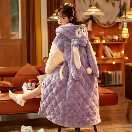 北极绒睡衣女2021年新款冬季三层加绒加厚夹棉保暖珊瑚绒睡袍宽松图片